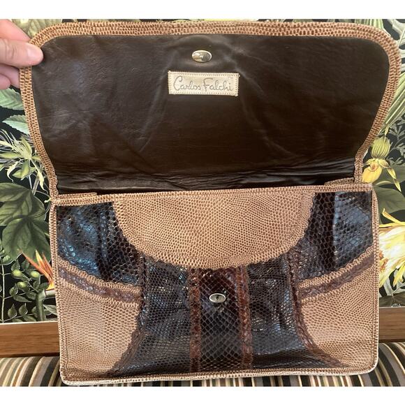 Carlos Falchi Vintage Fabulous Large Brown Skins Leather & Snakeskin Clutch - Picture 3 of 8